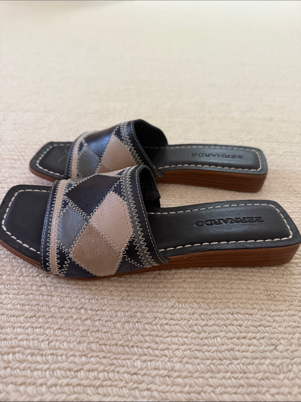 Bernardo Black and Beige Patchwork Slide Sandals